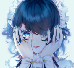 Rule 34 | 1girl, blue eyes, blue hair, blue nails, blue theme, choker, closed mouth, covering face, frilled choker, frills, hair over one eye, hands on own face, jewelry, lipstick, maid, maid headdress, makeup, mobukyara (mobumobu0817), multiple rings, nail polish, original, peeking out, portrait, ring, simple background, smile, solo, swept bangs