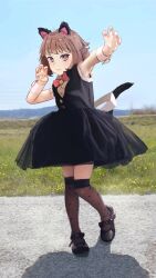 Rule 34 | 1girl, :3, animal ear fluff, animal ears, arms up, bell, black dress, black footwear, black socks, black vest, blue sky, blunt bangs, bow, bowtie, breasts, bright pupils, brown eyes, brown hair, casual, cat ears, cat girl, cat tail, claw pose, closed mouth, commentary, day, dress, flower, foliage, frilled shirt, frills, full body, grass, hair strand, heel up, highres, jingle bell, light smile, looking at viewer, mary janes, messy hair, original, outdoors, over-kneehighs, paw pose, photo background, power lines, puffy dress, reaching, red bow, red bowtie, scenery, servachok, shadow, shirt, shoes, short dress, short eyebrows, short hair, sky, sleeveless, sleeveless shirt, small breasts, smile, socks, solo, standing, tail, tanya (servachok), thick eyebrows, thighhighs, transmission tower, vest, white pupils, white shirt, yellow flower