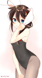 Rule 34 | 10s, 1girl, ahoge, animal ears, bare arms, bare shoulders, black leotard, blue eyes, blush, braid, breasts, brown hair, closed mouth, covered navel, covering privates, cowboy shot, dated, fake animal ears, hair between eyes, hair flaps, hair ornament, hair over shoulder, heart, kantai collection, kemonomimi mode, leotard, looking at viewer, naoto (tulip), pantyhose, playboy bunny, rabbit ears, shigure (kancolle), shigure kai ni (kancolle), single braid, skin tight, small breasts, solo, sweat, tail pull, white background
