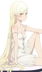 Rule 34 | 1girl, absurdres, arm support, bare shoulders, blonde hair, blush, breasts, camui1104, dress, highres, kiss-shot acerola-orion heart-under-blade, kizumonogatari, long hair, looking at viewer, monogatari (series), oshino shinobu, pointy ears, see-through, simple background, sitting, small breasts, smile, solo, spaghetti strap, vampire, very long hair, white background, white dress, yellow eyes