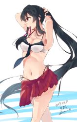 Rule 34 | 1girl, adapted costume, arms behind head, bikini, black hair, black necktie, breasts, character name, cleavage, commentary request, cowboy shot, dated, kantai collection, long hair, medium breasts, mouth hold, necktie, one-hour drawing challenge, pleated skirt, ponytail, profile, red skirt, rubber band, side-tie bikini bottom, skirt, solo, standing, swimsuit, twitter username, two-tone bikini, u yuz xx, very long hair, yahagi (kancolle)