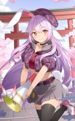 Rule 34 | 1girl, animal ears, arm belt, belt, belt buckle, beret, black choker, black thighhighs, blue sky, buckle, camouflage, camouflage headwear, cherry blossoms, choker, closed mouth, cloud, collarbone, crop top, cropped jacket, cross-laced footwear, day, eyelashes, floppy ears, flower, game cg, grey skirt, hat, holding, holding megaphone, jacket, leg up, light blush, light purple hair, long hair, looking at viewer, megaphone, midriff, miniskirt, official alternate costume, official art, outdoors, patch, petals, pink belt, pink flower, pink hat, pink jacket, puffy short sleeves, puffy sleeves, rabbit ears, rabbit tail, red eyes, red footwear, red shirt, reisen udongein inaba, reisen udongein inaba (flower viewing), ribbon-trimmed skirt, ribbon trim, rie (reverie), shadow, shirt, shoes, short sleeves, skirt, sky, smile, sneakers, solo, stairs, tail, thighhighs, torii, touhou, touhou cannonball, two-tone footwear, white footwear, zettai ryouiki