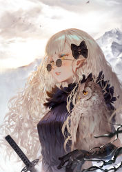 Rule 34 | 1girl, absurdres, bird, black gloves, blonde hair, blunt bangs, blush, bow, branch, gloves, hair bow, highres, katana, long hair, looking to the side, messy hair, mountain, original, outdoors, owl, parted lips, pointy ears, slit pupils, solo, sword, toriumi harumi, upper body, weapon, yellow eyes