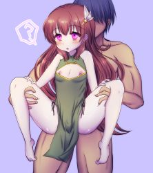 Rule 34 | 2boys, anal, androgynous, artist request, ass, bare shoulders, barefoot, black background, blush, brown hair, chinese clothes, fuuma kotarou (taimanin series), grabbing, held up, highres, long hair, male penetrated, multiple boys, nipples, open mouth, pelvic curtain, pink eyes, reverse suspended congress, sex, sex from behind, shiny skin, simple background, spread legs, taimanin (series), taimanin asagi, taimanin rpgx, toe scrunch, trap, uehara shikanosuke, very long hair, yaoi
