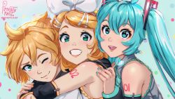 Rule 34 | 1boy, 2girls, ahoge, aqua eyes, aqua hair, aqua nails, artist name, bare shoulders, blonde hair, bow, candy, detached sleeves, food, green eyes, grey shirt, grin, hair bow, hair ornament, hairclip, hatsune miku, heart, heart-shaped lollipop, highres, holding, holding candy, holding food, holding lollipop, hug, hug from behind, kagamine len, kagamine rin, leaning on person, lipstick, lollipop, long hair, looking at viewer, makeup, multiple girls, nail polish, number tattoo, one eye closed, pimienta kast, pink lips, sailor collar, shaped lollipop, shirt, short hair, short ponytail, shoulder tattoo, sleeveless, sleeveless shirt, smile, tattoo, twintails, twitter username, vocaloid, white shirt, yellow nails