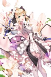 Rule 34 | 1girl, ahoge, armor, armored dress, artoria pendragon (fate), bare shoulders, blonde hair, bow, caliburn (fate), detached sleeves, dress, fate/stay night, fate/unlimited codes, fate (series), flower, ganik (pisshine), gauntlets, green eyes, hair bow, lily (flower), ponytail, saber (fate), saber lily, solo, sword, weapon