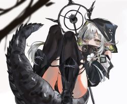 Rule 34 | 1girl, ahoge, arknights, black footwear, black hair, black jacket, black panties, black thighhighs, boots, covered mouth, crocodilian tail, eyelashes, floating, flower, full body, goggles, goggles around neck, holding, holding staff, hood, hood up, hooded jacket, jacket, large tail, long hair, looking at viewer, multicolored hair, panties, pointy ears, qls, silver hair, simple background, solo, staff, streaked hair, tail, thighhighs, thighs, tomimi (arknights), torn clothes, torn thighhighs, two-tone hair, underwear, white background, white flower, yellow eyes