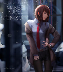 Rule 34 | 1girl, absurdres, arms at sides, belt, blue eyes, breasts, brown hair, highres, jacket, lightofheaven, long hair, makise kurisu, necktie, pantyhose, red necktie, shorts, small breasts, smile, solo, steins;gate