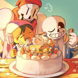 Rule 34 | 1other, 2boys, alphys, apron, asriel dreemurr, black hair, blue jacket, brothers, cake, chara (undertale), child, copyright name, food, food on face, frisk (undertale), fruit, highres, hood, hood down, hooded jacket, jacket, korokor59513559, looking at another, multiple boys, one eye closed, open clothes, open jacket, open mouth, papyrus (undertale), red scarf, sans (undertale), scarf, shirt, short hair, siblings, skeleton, smile, strawberry, strawberry slice, teeth, toriel, twitter username, undertale, undyne, white apron, white shirt