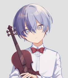 Rule 34 | 1boy, aged down, aoyagi touya, blue eyes, blue hair, bow, bowtie, child, closed mouth, collared shirt, commentary, dark blue hair, grey background, hair between eyes, instrument, long sleeves, looking at viewer, meme, mole, mole under eye, multicolored hair, project sekai, red bow, red bowtie, shirt, short hair, simple background, slc yh, solo, split-color hair, symbol-only commentary, twitter rabbit ears (meme), two-tone hair, upper body, violin, white shirt