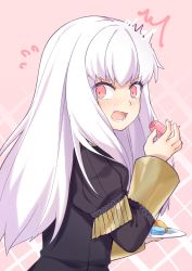 Rule 34 | 1girl, ^^^, absurdres, blush, candy, eating, embarrassed, epaulettes, fire emblem, fire emblem: three houses, food, highres, jacket, long hair, long sleeves, looking at viewer, looking back, lysithea von ordelia, nintendo, open mouth, pink eyes, purple eyes, simple background, solo, surprised, transistor, uniform, upper body, white background, white hair