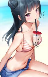 Rule 34 | 10s, 1girl, beach, between breasts, bikini, bikini top only, blue hair, blunt bangs, blush, breasts, bubble tea, bubble tea challenge, collarbone, commentary request, cup, day, denim, denim shorts, disposable cup, drink, drinking, drinking straw, eyes visible through hair, hair bun, leaning forward, long hair, looking at viewer, love live!, love live! sunshine!!, medium breasts, meme, mignon, navel, object on breast, ocean, open clothes, open fly, open shorts, outdoors, purple eyes, sand, shiny skin, shorts, side bun, sideboob, single hair bun, single side bun, sitting, sky, solo, stomach, strap gap, string bikini, striped bikini, striped bikini top, striped clothes, swimsuit, translation request, tsushima yoshiko, unbuttoned