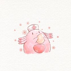 Rule 34 | chansey, colored skin, commentary request, creatures (company), egg, game freak, gen 1 pokemon, hat, holding, holding egg, nintendo, no humans, nurse cap, ototo (otokameseimen), pink skin, pokemon, pokemon (creature), pouch, simple background, smile, solid oval eyes, solo, upper body, white background