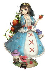Rule 34 | 1girl, apple, bad id, bad pixiv id, beard, black hair, blue eyes, crown, dress, dwarf, facial hair, finger to mouth, flower, food, frills, fruit, full body, hat, holding, holding food, holding fruit, long hair, maerchen (sound horizon), mary janes, ns (haraheta), pointing, red footwear, ribbon, schneewittchen, shoes, simple background, smile, sound horizon, standing, strawberry, strawberry blossoms