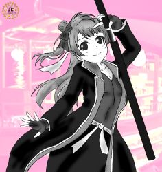 Rule 34 | 1girl, artist name, artist request, black jacket, black pants, blush, bow, breasts, brown eyes, cleavage, cosplay, female focus, fingerless gloves, gintama, gloves, grey hair, hair bow, jacket, katana, long hair, long sleeves, looking at viewer, love live!, love live! school idol project, minami kotori, pants, parted lips, ponytail, psycyclone j, shirt, side ponytail, small breasts, smile, solo, sword, takasugi shinsuke, takasugi shinsuke (cosplay), weapon, white shirt