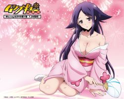 Rule 34 | 1girl, bare shoulders, breasts, cleavage, hand fan, female focus, fireworks, flower, japanese clothes, kimono, large breasts, long hair, looking at viewer, mushibugyou, oharu (mushibugyou), purple eyes, purple hair, sitting, socks, solo, wallpaper