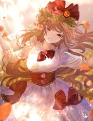 Rule 34 | 1girl, absurdres, autumn, black bow, blurry, blurry background, blurry foreground, bow, breasts, brooch, brown eyes, brown hair, dress, fairy, floating hair, food-themed hair ornament, frills, gem, hair ornament, hair ribbon, head tilt, head wreath, highres, jewelry, komorihikki, leaf, long hair, looking at viewer, medium breasts, original, outdoors, outstretched arms, parted lips, pumpkin hair ornament, red gemstone, red ribbon, ribbon, short sleeves, smile, solo, spread arms, upper body, very long hair, white dress, wreath