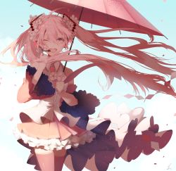 Rule 34 | 1girl, ;d, ahoge, bare shoulders, blue sky, blush, breasts, brown skirt, brown sleeves, brown thighhighs, cloud, cloudy sky, collared shirt, commentary request, day, detached sleeves, flower, hair between eyes, hair flower, hair ornament, hatsune miku, headphones, headset, highres, holding, holding umbrella, long hair, long sleeves, looking at viewer, necktie, oil-paper umbrella, one eye closed, open mouth, outdoors, petals, pink eyes, pink hair, pink umbrella, pleated skirt, red necktie, round teeth, saihate (d3), sakura miku, shirt, signature, skirt, sky, sleeveless, sleeveless shirt, small breasts, smile, solo, standing, teeth, thighhighs, twintails, umbrella, upper teeth only, very long hair, vocaloid, white flower, white shirt, wide sleeves