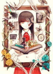 Rule 34 | 1boy, 2girls, book, brown hair, bug, butterfly, flower, garry (ib), ib (ib), ib (kouri), insect, long hair, maamayoru, mary (ib), multiple girls, one eye covered, paint, paintbrush, picture frame, red eyes, rose, spider