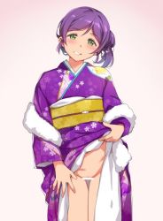 Rule 34 | 10s, 1girl, alternate costume, alternate hairstyle, bar censor, blush, censored, clenched teeth, clothes lift, duke (inu daimyou), green eyes, grin, head tilt, japanese clothes, kimono, kimono lift, lifted by self, long sleeves, looking at viewer, love live!, love live! school idol festival, love live! school idol project, no panties, obi, parted lips, pink background, purple hair, purple kimono, sash, short hair, smile, solo, standing, teeth, tojo nozomi