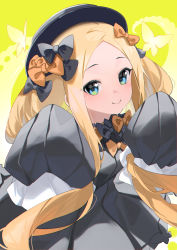 Rule 34 | 1girl, abigail williams (fate), absurdres, black bow, black dress, black hat, blonde hair, blue eyes, bow, breasts, bug, butterfly, dress, fate/grand order, fate (series), forehead, hair bow, hat, highres, holding, holding own hair, insect, long hair, long sleeves, miyu10366, multiple hair bows, orange bow, parted bangs, polka dot, polka dot bow, ribbed dress, sidelocks, sleeves past fingers, sleeves past wrists, small breasts, smile, solo, twintails, yellow background