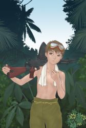 Rule 34 | 1girl, cigarette, convenient censoring, goggles, gun, highres, imperial japanese army, jungle, military, military uniform, nature, original, palm tree, sino, sino (mechanized gallery), solo, sweat, topless, towel, towel over breasts, tree, type 96, uniform, weapon