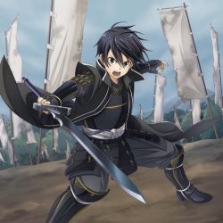 Rule 34 | 1boy, armor, black gloves, black hair, cloud, cloudy sky, day, fingerless gloves, floating hair, gloves, grey pants, hair between eyes, holding, holding sword, holding weapon, japanese armor, kirito, male focus, outdoors, outstretched arms, pants, sky, solo, stance, sword, sword art online, weapon