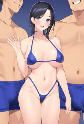 Rule 34 | 1girl, 2boys, bare shoulders, bikini, black hair, blue bikini, blue eyes, blue shorts, blush, breasts, cleavage, collarbone, grin, highleg, large breasts, long hair, looking at viewer, mature female, multiple boys, navel, open mouth, original, popqn, shorts, smile, swimsuit, thighs