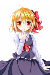 Rule 34 | 1girl, ascot, blonde hair, blouse, finger to mouth, frills, hair ribbon, highres, namatyaba, red eyes, ribbon, rumia, shirt, short hair, simple background, skirt, solo, touhou, vest, white background
