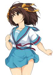 Rule 34 | 00s, 1girl, bag, blue sailor collar, blue skirt, brown eyes, brown hair, clothes lift, collarbone, hairband, haruhisky, highres, kita high school uniform, looking to the side, orange hairband, sailor collar, school bag, school uniform, serafuku, skirt, skirt lift, solo, suzumiya haruhi, suzumiya haruhi no yuuutsu, thigh gap, thighs, walking, white background, wind, wind lift
