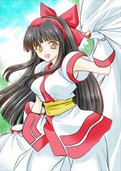 Rule 34 | 1girl, ainu clothes, arm up, armpit peek, black hair, breasts, brown eyes, fingerless gloves, gloves, hair ribbon, highres, large breasts, legs, long hair, looking at viewer, nakoruru, open mouth, pants, ribbon, samurai spirits, smile, snk, solo, the king of fighters, thighs
