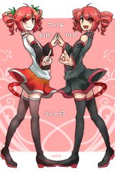 Rule 34 | 2girls, bare shoulders, belt, black legwear, black shirt, black skirt, black sleeves, blouse, boots, commentary, date pun, dated, detached sleeves, drill hair, dual persona, feet together, flower, from side, hair flower, hair ornament, highres, holding hands, ichigo teto, kasane teto, katai uji, leaf, looking at viewer, multiple girls, number pun, open mouth, pink background, red eyes, red hair, red skirt, shirt, short hair, skirt, sleeveless, smile, standing, symmetry, thigh boots, thighhighs, translated, twin drills, utau, white flower, white shirt, zettai ryouiki