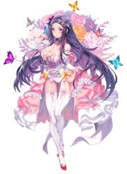 Rule 34 | bare shoulders, breasts, bug, butterfly, cleavage, collar, destiny child, dress, flower, frilled dress, frills, garter straps, hair ornament, highres, bug, large breasts, long hair, purple eyes, purple hair, saturn (destiny child), tagme, thighhighs, transparent background