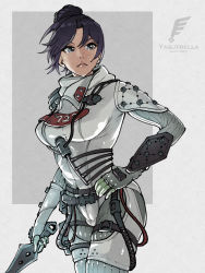 Rule 34 | 1girl, animification, apex legends, black eyes, black hair, bodysuit, breasts, cable, eyebrows hidden by hair, gloves, grey gloves, hand on own hip, highres, holding, holding knife, knife, kunai, looking to the side, medium breasts, official alternate costume, parted bangs, quarantine 722 wraith, solo, weapon, white bodysuit, hope&#039;s dusk (apex legends), wraith (apex legends), yasutrella