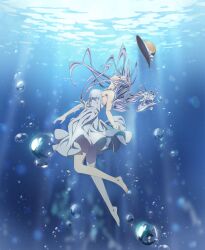 Rule 34 | 1girl, barefoot, blue eyes, blue hair, breasts, bubble, date a live, dress, hat, highres, long hair, medium breasts, non-web source, smile, solo, straw hat, takamiya mio, underwater, water