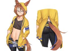 Rule 34 | 1girl, absurdres, animal ears, ass, belt, black pants, black shirt, brown hair, closed mouth, clothing cutout, collarbone, cropped legs, dictus striker, ear piercing, ears through headwear, flat chest, fukuro (maruaru00), hands in pockets, highres, hood, hood up, horse ears, horse girl, horse tail, jacket, jewelry, long sleeves, looking at viewer, midriff, multicolored hair, multiple views, navel, necklace, open clothes, open jacket, pants, piercing, shirt, short hair, streaked hair, tail, tail through clothes, umamusume, umamusume: cinderella gray, v-neck, white background, yellow eyes, yellow jacket
