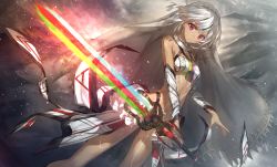 Rule 34 | 1girl, altera (fate), bare shoulders, chocoan, dark skin, dark-skinned female, detached sleeves, fate/grand order, fate (series), full-body tattoo, holding, holding sword, holding weapon, looking at viewer, midriff, nail polish, photon ray (fate), purple eyes, short hair, solo, sword, tattoo, veil, weapon, white hair