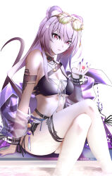 Rule 34 | 1girl, animal ears, arknights, bare legs, bare shoulders, bikini, black bikini, black choker, breasts, choker, cleavage, commentary request, crossed legs, feet out of frame, highres, large breasts, lin (arknights), long hair, looking at viewer, mouse ears, nail polish, navel, official alternate costume, parted lips, purple eyes, purple hair, purple nails, simple background, sitting, solo, stomach, swimsuit, thigh strap, thighs, very long hair, white background, yokaze (yokajie)