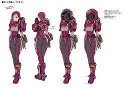 Rule 34 | 1girl, ass, breasts, character sheet, claire (chronos), female focus, flat color, full body, glasses, helmet, hyouryuu kangoku chronos, large breasts, lilith-soft, purple hair, smile, solo, space suit, standing, white background