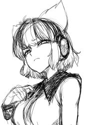 Rule 34 | 1girl, bags under eyes, black collar, bracelet, breasts, cape, collar, commentary request, disgust, earmuffs, greyscale, headphones, jewelry, looking at viewer, medium breasts, monochrome, muscular, pointy hair, shirt, simple background, sketch, slit pupils, solo, solo focus, spacezin, touhou, toyosatomimi no miko, white background