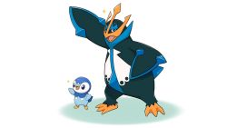 Rule 34 | animal focus, blue eyes, commentary request, creatures (company), empoleon, game freak, gen 4 pokemon, nintendo, no humans, official art, open mouth, piplup, pokemon, pokemon (creature), project pochama, sparkle, standing, toes, tongue, white background