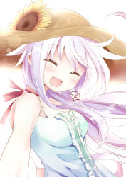 Rule 34 | 1girl, :d, anceril sacred, bad id, bad pixiv id, blush, bow, choker, closed eyes, flower, happy, hat, mishima kurone, multicolored hair, open mouth, original, purple hair, smile, solo, straw hat, sunflower, white hair