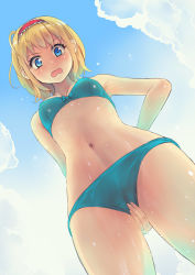 Rule 34 | &gt;:o, 1girl, :o, alice margatroid, arm behind back, armpits, backlighting, bare arms, bare shoulders, bikini, blonde hair, blue bikini, blue bow, blue sky, blush, bow, bow bikini, breasts, cloud, collarbone, colored eyelashes, covered erect nipples, covering privates, covering crotch, crotch grab, culter, day, dutch angle, embarrassed, fingernails, frilled hairband, frills, from below, hairband, hand on own hip, highres, lolita hairband, looking at viewer, looking down, multiple girls, navel, open mouth, red hairband, shiny skin, short hair, sky, solo, swimsuit, tareme, tearing up, tears, thighhighs, thighs, touhou, twitter username, v-shaped eyebrows, water, wavy mouth, wet
