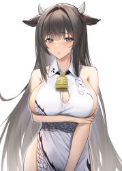 Rule 34 | 1girl, absurdres, alternate costume, animal ears, arm under breasts, azur lane, bare arms, bare shoulders, bell, blush, breasts, brown hair, china dress, chinese clothes, cleavage, cleavage cutout, clothing cutout, cow ears, cow horns, cowbell, cowboy shot, crying, crying with eyes open, dress, hand on own ass, highres, horns, kashino (azur lane), large breasts, long hair, looking at viewer, lordol, parted lips, pelvic curtain, purple eyes, sleeveless, sleeveless dress, solo, tears, very long hair, white dress