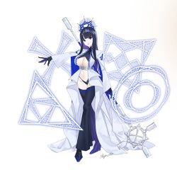Rule 34 | 1girl, black gloves, black hair, blue hair, breasts, cleavage, coat, colored inner hair, game console, gloves, high heels, holding, holding staff, humanization, large breasts, lips, long hair, looking at viewer, miosaijo, multicolored hair, navel, open clothes, open coat, playstation 5, playstation symbols, solo, sony, staff, standing, underwear