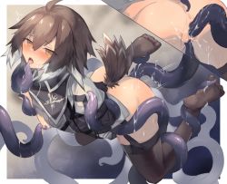 Rule 34 | 1girl, ahoge, anal, anus, arknights, ass, bird tail, black thighhighs, blush, breasts, breasts out, brown hair, censored, clitoral stimulation, commentary, cut-away, feathers, garter straps, grey shirt, hair between eyes, mosaic censoring, multicolored hair, multiple views, nipple stimulation, nipple tweak, open mouth, plume (arknights), pussy, restrained, saliva, sasa onigiri, shirt, short hair, small breasts, sweat, tail, tentacle sex, tentacles, thighhighs, torn clothes, torn shirt, two-tone hair, vaginal, white footwear, white hair, yellow eyes