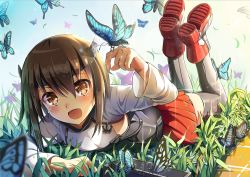 Rule 34 | 10s, 1girl, bike shorts, brown eyes, brown hair, bug, butterfly, hair between eyes, headband, headgear, himonoata, insect, kantai collection, looking at viewer, lying, on stomach, open mouth, short hair, skirt, solo, taihou (kancolle), thighhighs