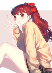 Rule 34 | 1girl, blush, bow, caidychen, closed mouth, commentary request, female focus, hair between eyes, hair bow, highres, lips, long hair, looking at viewer, matching hair/eyes, miniskirt, musical note, persona, persona 5, persona 5 the royal, ponytail, red bow, red eyes, red hair, ribbed sweater, salute, school uniform, shirt, shuujin academy school uniform, simple background, sitting, skirt, smile, solo, sweater, thighs, two-finger salute, uniform, white shirt, yellow sweater, yoshizawa kasumi
