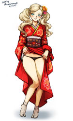 Rule 34 | blonde hair, blue eyes, blush, crossed legs, japanese clothes, kimono, lifted by self, mina cream, panties, persona, persona 5, takamaki anne, thick thighs, thighs, twintails, underwear