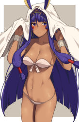 Rule 34 | animal ears, bandeau, bare shoulders, bed sheet, bikini, breasts, cleavage, closed mouth, cowboy shot, dark-skinned female, dark skin, facial mark, fate/grand order, fate (series), front-tie bikini top, front-tie top, hai ookami, hairband, highres, long hair, looking at viewer, medium breasts, medjed (fate), navel, nitocris (fate), nitocris (swimsuit assassin) (third ascension) (fate), outside border, purple eyes, purple hair, sheet grab, sidelocks, smile, solo, swimsuit, very long hair, white bikini, wristband